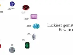A circular chart displays birthstones, each labeled with its month and name, suggesting gemstones for good luck.