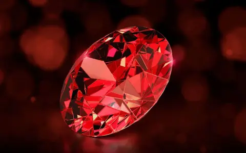 A brilliant, faceted ruby, the july birth color, glows with deep red fire against a dark, bokeh background.