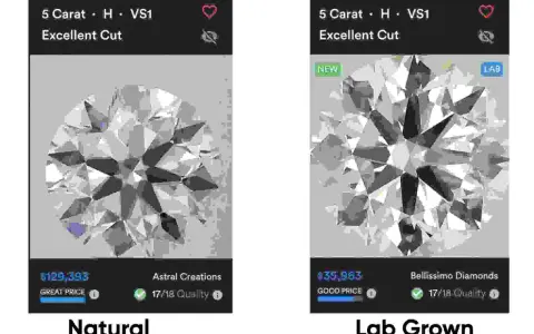Side-by-side comparison of a natural and lab-grown diamond. Both are 5 Carat, H, VS1, Excellent Cut. The natural diamond costs $129,393, while the lab-grown is $35,963.