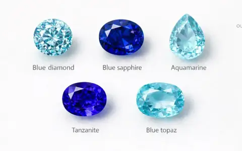 Five faceted blue precious stones: blue diamond, blue sapphire, aquamarine, tanzanite, and blue topaz.