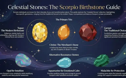 Scorpio birthstone guide featuring Topaz, Citrine, and Garnet. Also shows Opal, Aquamarine, and Malachite.