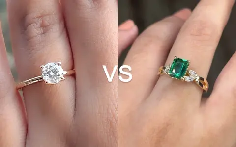 A classic solitaire engagement ring meaning is timeless love. This image shows a diamond solitaire vs. an emerald ring.