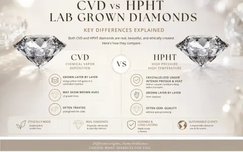Learn how diamonds are grown in a lab using CVD (chemical vapor deposition) with carbon-rich gases or HPHT (high pressure, high temperature) mimicking Earth's conditions.