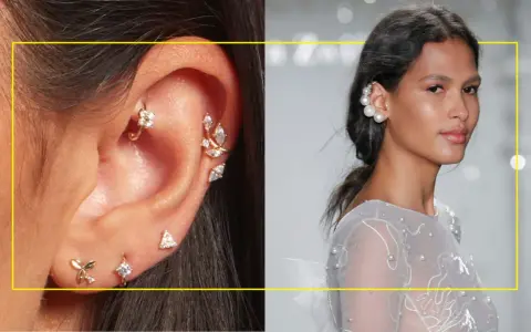 A close-up of an ear adorned with delicate gold piercings and a model showcasing elegant pearl ear cuffs, highlighting diverse earing styles.
