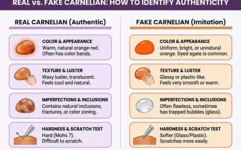 Guide to identifying natural carnelian vs. imitation. Authentic carnelian has warm, banded colors and natural inclusions.