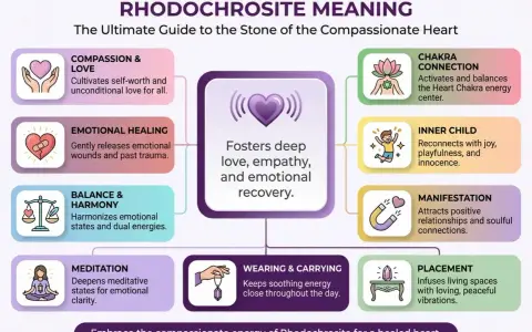 Rhodochrosite benefits: Compassion, emotional healing, balance, meditation, chakra connection, inner child joy, manifestation, and peaceful placement.