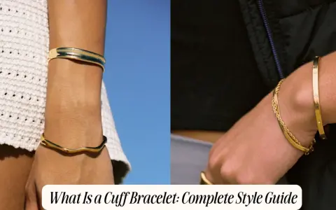 Two wrists adorned with gold jewelry. The left shows a wavy cuff bracelet against a white textured garment and blue sky. The right displays a thin cuff bracelet with star details and a layered chain bracelet.