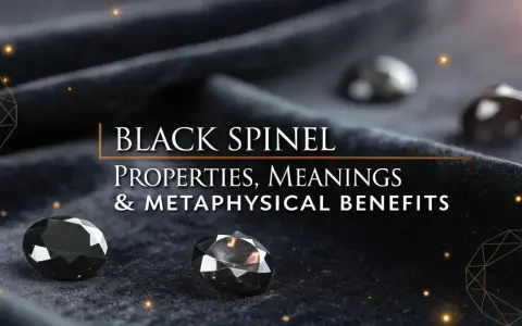 Black spinel gems on dark fabric, with text "BLACK SPINEL PROPERTIES, MEANINGS & METAPHYSICAL BENEFITS." Discover the black spinel meaning.