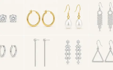 A collage showcasing various kinds of earrings: diamond studs, gold hoops, pearl drops, crystal chandeliers, silver bars, and triangle outlines.