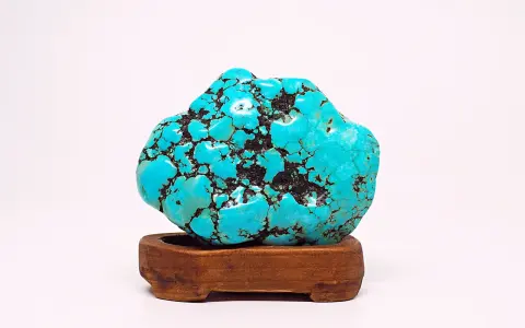 A vibrant turquoise stone, reminiscent of a Sagittarius stone, rests on a wooden stand. Its matrix pattern resembles a starry night sky.