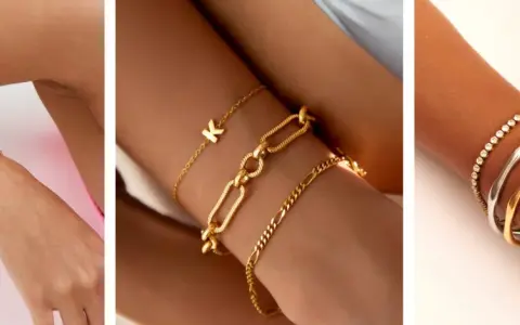 Showcasing the stacking bracelets trend with gold and silver bangles, chains, and a personalized initial charm.