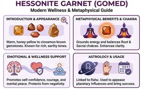 Hessonite garnet benefits: warm, honey-yellow to cinnamon-brown stones grounding energy, balancing chakras, promoting confidence, courage, mental peace, and success.