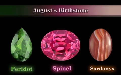 August's birthstone collection: a green peridot, a pink spinel, and a striped sardonyx.