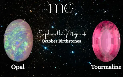 Two stunning gemstones, opal and tourmaline, are showcased as October birthstones against a starry night sky.