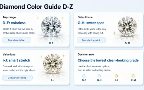 Diamond color scale guide showing D-F colorless, G-H sweet spot, and I-J smart stretch diamonds.