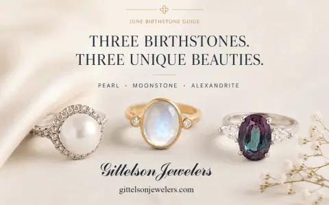 Three unique June birthstone rings: a pearl, moonstone, and alexandrite, showcased by Gittelson Jewelers.