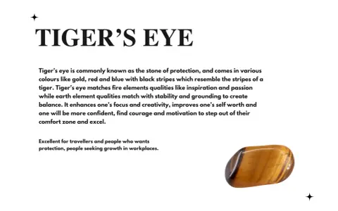 Tiger's eye stone, known for protection and inspiration. Its meaning includes grounding, confidence, and courage for growth.