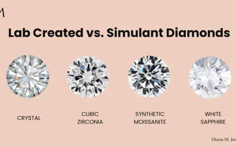 Four round gemstones: crystal, cubic zirconia, synthetic moissanite, and white sapphire, illustrating lab created vs. simulant diamonds.