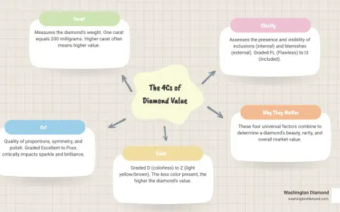 Infographic detailing the 4Cs of diamond value: Carat, Cut, Clarity, and Color, crucial for diamond appraisal.