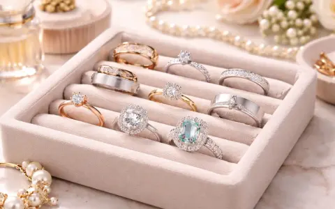 A velvet tray displays various styles of engagement rings, from classic solitaires to diamond-encrusted bands, in gold, silver, and rose gold.