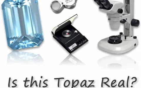Tools for how to identify raw topaz: a large blue gemstone, a loupe, a scale, and a microscope.