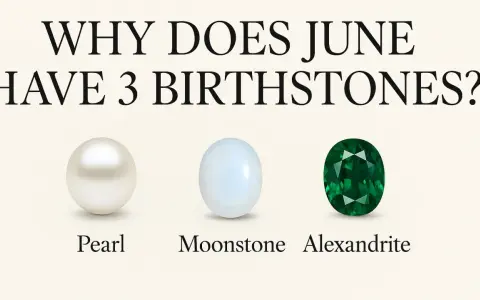 Three June 30th birthstones: a pearl, a moonstone, and an emerald-cut alexandrite.