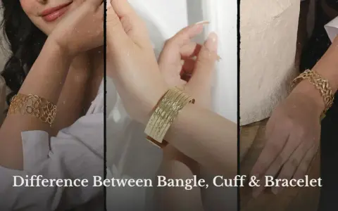 Three women's arms showcase different gold jewelry: a patterned bangle, a hammered cuff, and a delicate bracelet.
