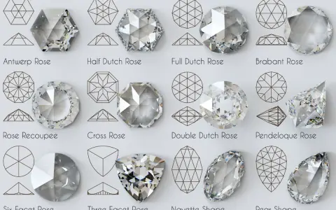 A visual guide showcasing various antique diamond cuts, from the simple Antwerp Rose to the elaborate Pear Shape, illustrating their unique facets and geometric patterns.