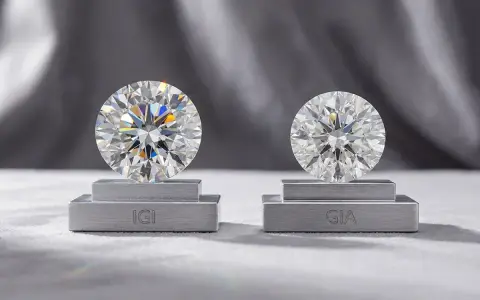 Two brilliant-cut diamonds, one labeled IGI and the other GIA, are displayed on pedestals. This highlights the difference between natural and simulated diamond grading.