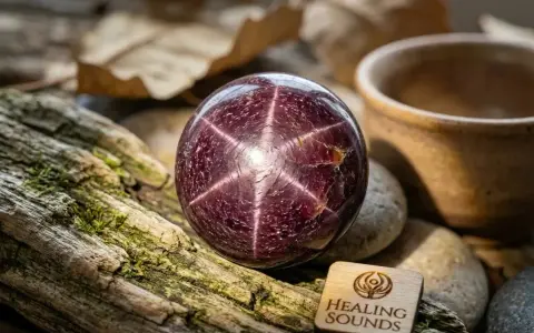 A star garnet from Idaho, a deep red sphere with a six-rayed star, rests on mossy wood.