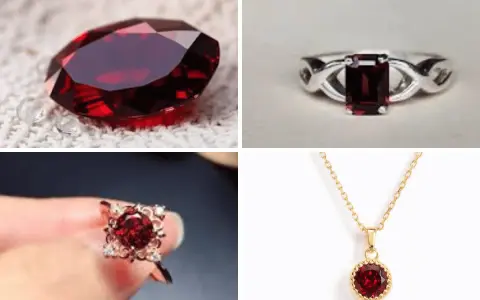A loose faceted gemstone and three pieces of jewelry, all showcasing deep garnet colors.