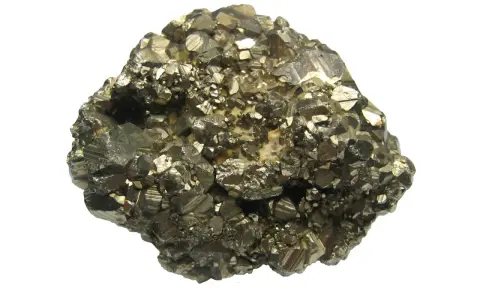 A cluster of metallic, brass-colored crystals, likely pyrite, showcasing its cubic structure. This specimen highlights the visual differences when comparing marcasite vs pyrite.