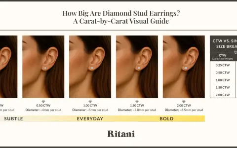 Visual guide showing diamond stud earring sizes from 0.25 CTW (Carat Total Weight) to 2.00 CTW, illustrating what CTW means in jewelry.