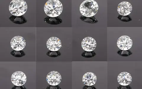 Twelve sparkling stones that look like diamonds, each with brilliant facets, are arranged in a grid on a dark, reflective surface.
