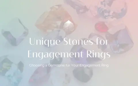 A collection of unique gemstones in various colors and cuts, with text "Unique Stones for Engagement Rings.
