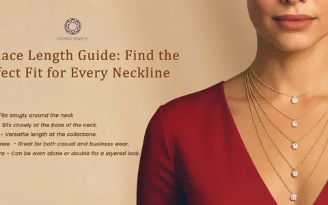 Guide to the best necklace length for women, showing layered gold chains with diamond pendants on a model in a red dress.
