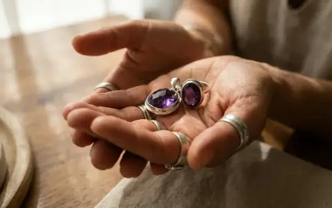 Hands hold a pendant and ring with deep purple amethyst. These beautiful stones are found in Brazil, Uruguay, and other locations worldwide.
