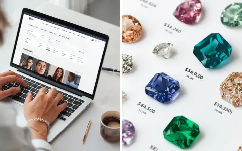 A split image shows a laptop with a jewelry appraisal website and a collection of colorful gemstones with prices, hinting at what is the cheapest gemstone.