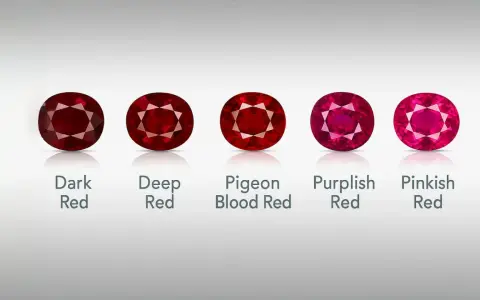 Five oval-cut rubies, showcasing a spectrum of red hues from dark to pinkish, represent the July birthstone.