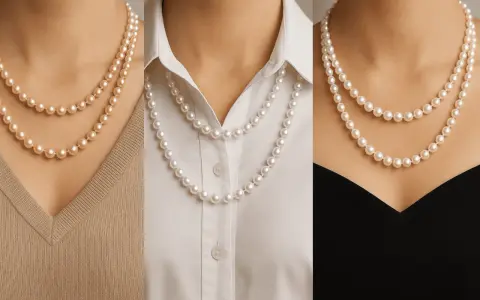 Three women showcase what is a pearl necklace: a classic double strand of pearls on a beige sweater, a single strand on a white blouse, and a double strand on a black dress.