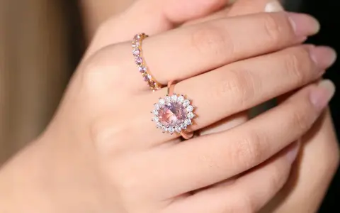 A hand wears two rings. The main ring features a large, peachy-pink morganite surrounded by small diamonds.