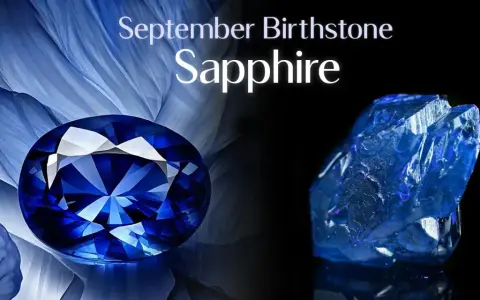 A faceted sapphire, the September birthstone, gleams next to a raw blue crystal.