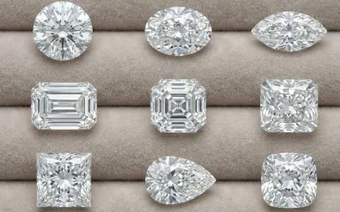 Nine sparkling diamonds, each with a unique diamond cut: round, oval, marquise, emerald, Asscher, pear, princess, and cushion.
