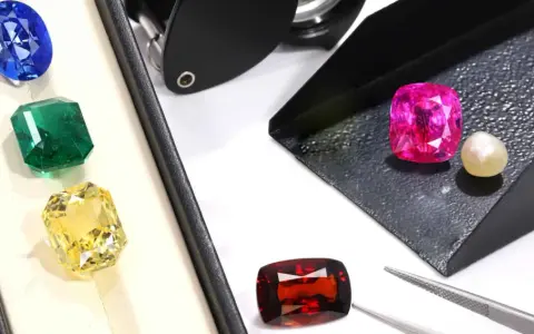 A blue sapphire, green emerald, and yellow citrine are displayed in a box, while a pink sapphire, pearl, and red garnet are on a tray, showcasing diverse gemstone families.