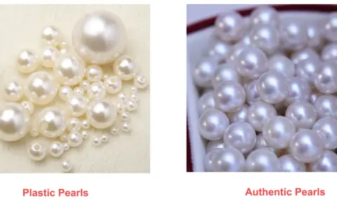 Left: plastic pearls with visible holes. Right: authentic pearls with subtle luster. See how to tell real pearls from fake.