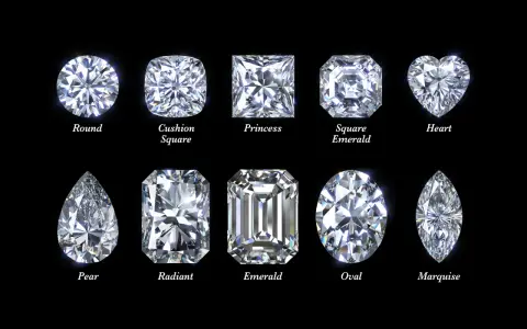 Various diamond cuts, including round, princess, and heart shapes. These could be stimulated diamonds, showcasing different facets and brilliance.