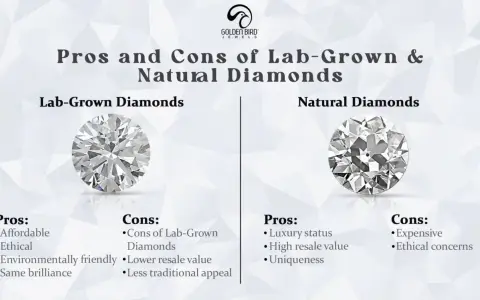 Comparing lab-grown diamonds vs real diamonds, this graphic shows pros and cons for each, highlighting affordability and ethics for lab-grown, and luxury for natural.