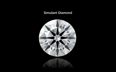 A brilliant cut simulant diamond on a black background. The text "Simulant Diamond" is above it. This image helps understand the simulated diamond meaning.