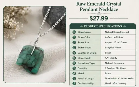 A raw emerald pendant necklace, the May 8 birthstone, features a natural green emerald on a silver chain.
