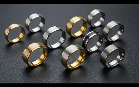 A collection of men's wedding bands in various metals like gold, silver, and black, showcasing the best metal for men's wedding band options.